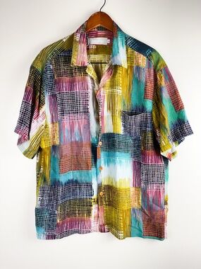 JAMS WORLD Men's Retro Network Print Shirt • Sz L • red, blue, yellow Camp Beach